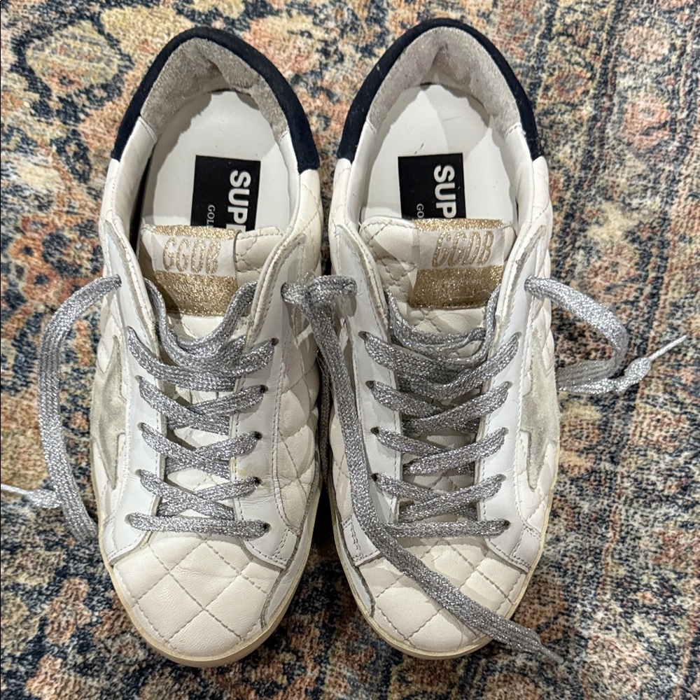 Golden Goose Quilted Sneakers in White and Silver
